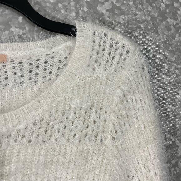 Gibson Latimer White & Metallic Thread Open Weave Sweater - Size Medium - Stripe - Picture 2 of 6